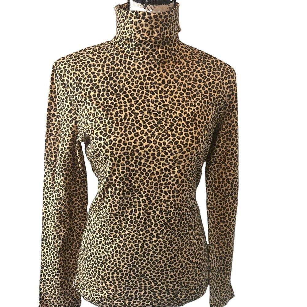 Jones New York Sport Leopard Print Turtleneck Top Medium Animal Print Cotton Tee